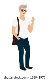 Handsome blond guy wearing blue fashion jeans and white t-shirt, vector illustration. 