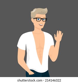 Handsome blond guy wearing blue fashion jeans and white t-shirt, close-up vector illustration