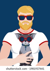 A handsome blond man with a beard and glasses holds a cat with glasses in his arms. Love to the animals. Flat design vector illustration.