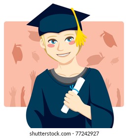 Handsome blond man smiling celebrating graduation day holding diploma in his hand