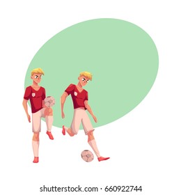 Handsome blond soccer player dribbling a ball, cartoon vector illustration with space for text. Full length portrait of professional soccer player kicking it up with knee