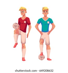 Handsome blond soccer player standing with football ball, cartoon vector illustration isolated on white background. Full length portrait of professional soccer player kicking it up with knee