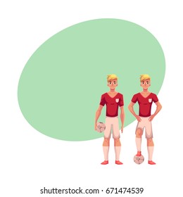 Handsome blond soccer player standing with football ball, cartoon vector illustration with space for text. Full length portrait of professional soccer player standing with football ball