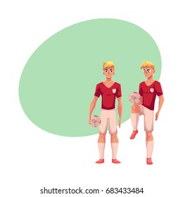 Handsome blond soccer player standing with football ball, cartoon vector illustration with space for text. Full length portrait of professional soccer player standing with football ball