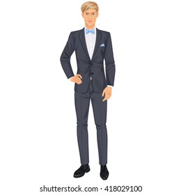 Handsome blonde man with clothes, elegant suit dressed on wedding or prom party, paper doll . Vector illustration.