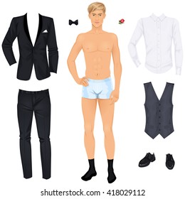 Handsome blonde man with clothes, elegant suit dressed on wedding or prom party, paper doll . Vector illustration.