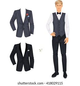 Hombre guapo rubio con ropa, traje elegante vestido en boda o fiesta de promoción, muñeca de papel. Ilustración vectorial.