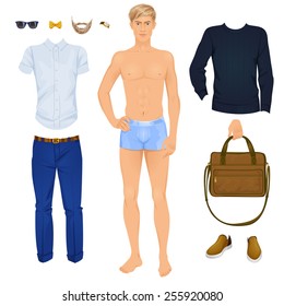 Handsome Blonde Man With Clothes, Paper Doll . Vector Illustration.