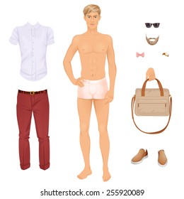 Handsome blonde man with clothes, paper doll . Vector illustration.