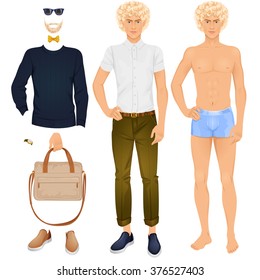 Handsome blonde man with clothes, paper doll . Vector illustration.