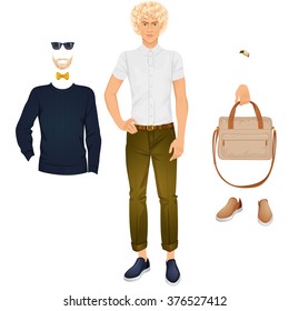 Handsome Blonde Man With Clothes, Paper Doll. Vector Illustration.