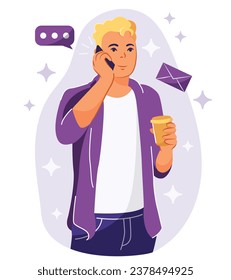 Handsome blonde young man talking on phone. Office worker chatting. Stylish boy with smartphone. Flat Vector Illustration