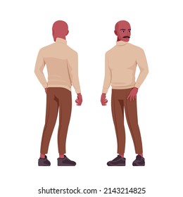 Handsome bold guy, spanish man, Latin America person standing. Sporty tall businessman, smart casual office wear. Vector flat style cartoon character set isolated, white background, front, rear view