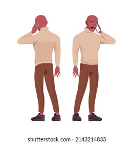 Handsome bold man, person of Latin America talking on phone. Sporty chic office outfit young businessman. Vector flat style cartoon character set isolated on white background, front and rear view