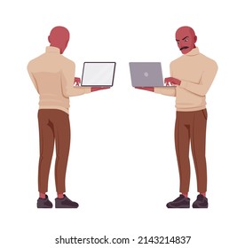 Handsome Bold Man, Person Of Latin America Standing With Laptop. Sporty Chic Office Outfit Young Businessman. Vector Flat Style Cartoon Character Set Isolated On White Background, Front And Rear View