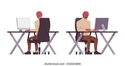 Handsome bold man, person of Latin America working at desk. Sporty chic office outfit young businessman. Vector flat style cartoon character set isolated on white background, front and rear view