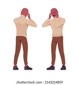 Handsome bold man, person of Latin America feeling headache, pain. Sporty chic office outfit young businessman. Vector flat style cartoon character set isolated on white background, front, rear view
