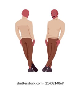 Handsome bold man, person of Latin America standing leaning. Sporty chic office outfit young businessman. Vector flat style cartoon character set isolated on white background, front and rear view