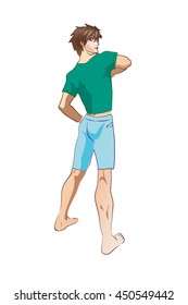 handsome boy in anime style, drawn guy in shorts and t-shirt, vector Illustration, man in green t-shirt