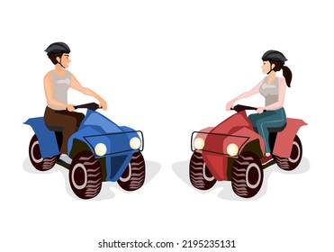 Handsome boy and beautiful girl riding an atv motorcycle.motorcycle facing each other.Two people look at each other and smile.Isolated vector illustration on a white background.
