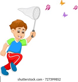 handsome boy cartoon run to catch butterfly