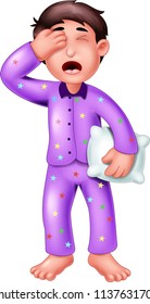 handsome boy cartoon standing wake up bring pillow with laughing