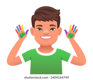 Handsome boy with the genetic disease Down Syndrome got his hands dirty in multicolored paint. Drawing lessons. Smiling expression on the face of a sunny child. Vector illustration in cartoon style.
