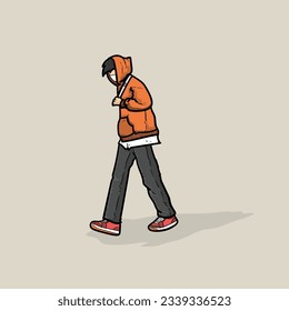 Handsome boy or guy or man with orange hoodie walking with good pose and sling bag on brown Background vector modern illustration