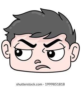 hermosa expresión aburrida de cabeza de niño sospechosa, emoticono de caja de ilustraciones vectoriales. dibujo de icono de garabato