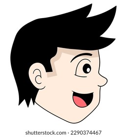 Handsome boy head emoticon from the side laughing happily. vector design illustration art