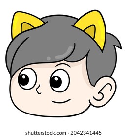 handsome boy head wearing cat ear headband, vector illustration carton emoticon. doodle icon drawing