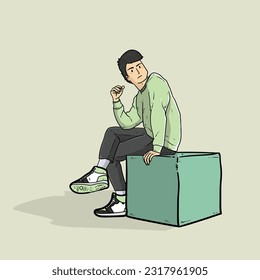 Handsome boy or man or guy sitting on box isolated on green background vector modern illustrations