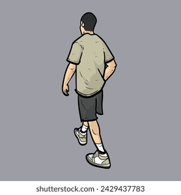 Niño guapo o hombre o hombre caminando hacia atrás con estilo fresco en púrpura Ilustración moderna de vector de fondo