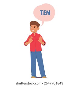 Menino bonito personagem de desenho animado personagem de desenho animado número dez apreciando o aprendizado com o jogo e divertida ilustração vetorial. Processo de cognição excitado, tempo de educação escolar ou infantil lúdico para crianças