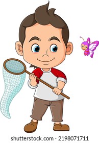 The handsome boy is ready to catch small butterfly and pose near to butterfly of illustration