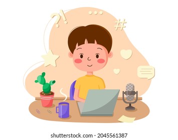 Сute handsome boy is recording podcast. A cute young unisex guy sits at a table in front of a laptop and a microphone. Podcast recording orange Isolated vector background.