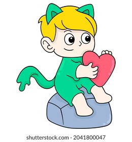 handsome boy is sitting on a rock holding love, vector illustration art. doodle icon image kawaii.