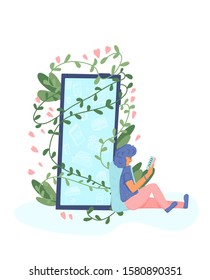 Handsome boy sitting and reading an electronic book near the huge phone with climbing plant. Young man wearing in casual clothes leaning on a pillow and leafing a literature. Vector flat illustration.