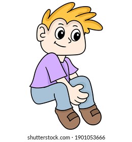 The handsome boy is sitting with a smiling face, doodle draw kawaii. vector illustration art