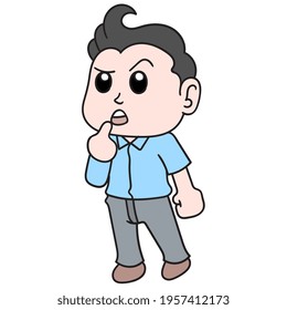 Handsome boy stands with a face of thought and confusion, vector illustration art. doodle icon image kawaii.
