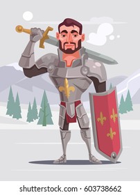 Handsome Brave Smiling Knight Character. Vector Flat Cartoon Illustration