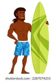 gut aussehender brasilianischer oder afroamerikanischer Surfer mit blauen Strandshorts. Lächelnde junge Surfer mit einem grünen Surfbrett. Cartoon-Charakter. Einzeln auf Weiß. Vektor eps file.