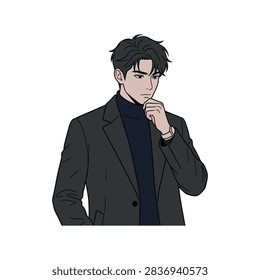 Handsome Brooding Male Lead Vector on White Background. Stylish Korean Drama Actor Character Flat Illustration with Sharp Jawline.