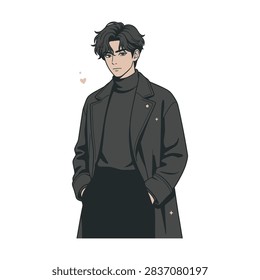 Handsome Brooding Male Lead Vector on White Background. Cool Korean Drama Actor Character Flat Illustration with Oversized Coat.