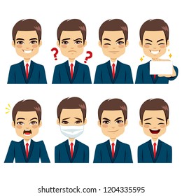 Handsome brown haired young adult businessman on eight different face expressions avatar collection