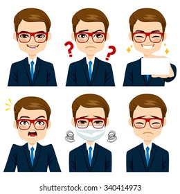 Handsome brown haired young adult businessman on six different face expressions collection