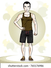 Bonito joven atlético de brunet de pie. Ilustración vectorial del deportista.  Caricatura sobre el tema del estilo de vida activo y saludable.