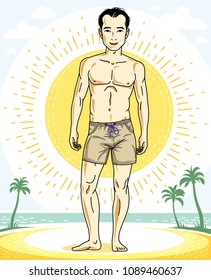 Handsome brunet man standing on tropical beach and wearing beachwear shorts. Vector human illustration. Summer vacation theme.