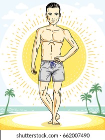 Handsome brunet man standing on tropical beach and wearing beachwear shorts. Vector human illustration. Summer vacation theme.