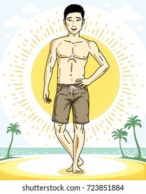 Handsome brunet man standing on tropical beach and wearing beachwear shorts. Vector human illustration. Summer vacation theme.